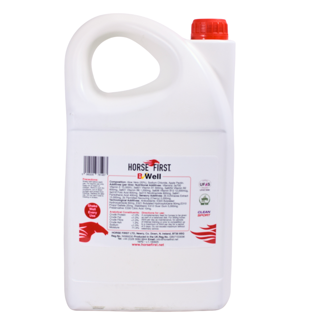 White container with red lid labeled 'Horse First B Well' on a white background