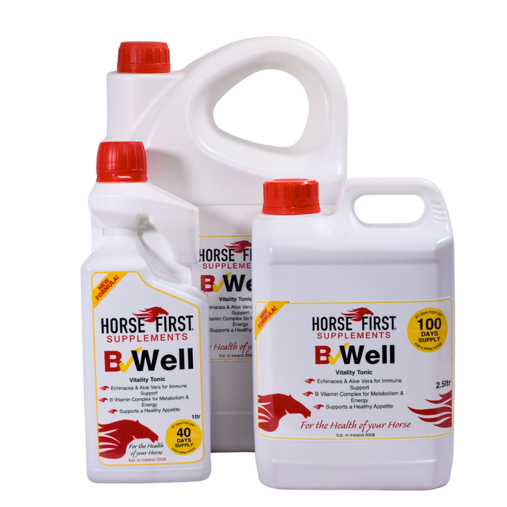 Horse First Supplements B Well bottles with red caps on a white background