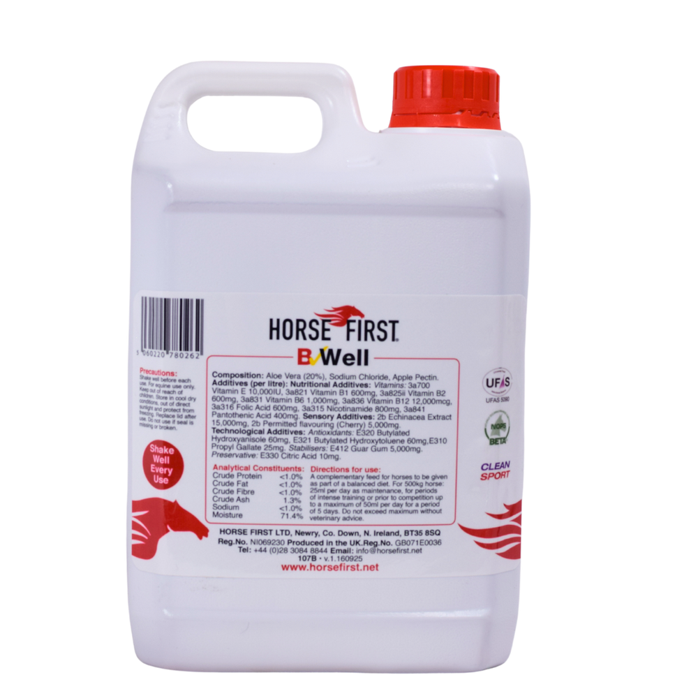 White container with red lid labeled 'Horse First BWell' on a white background