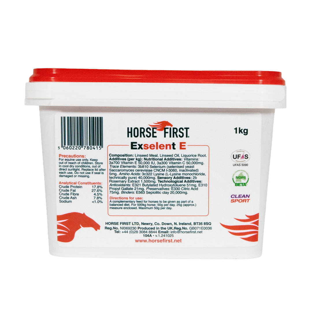 Horse First ExSelent E supplement container with red lid on a white background