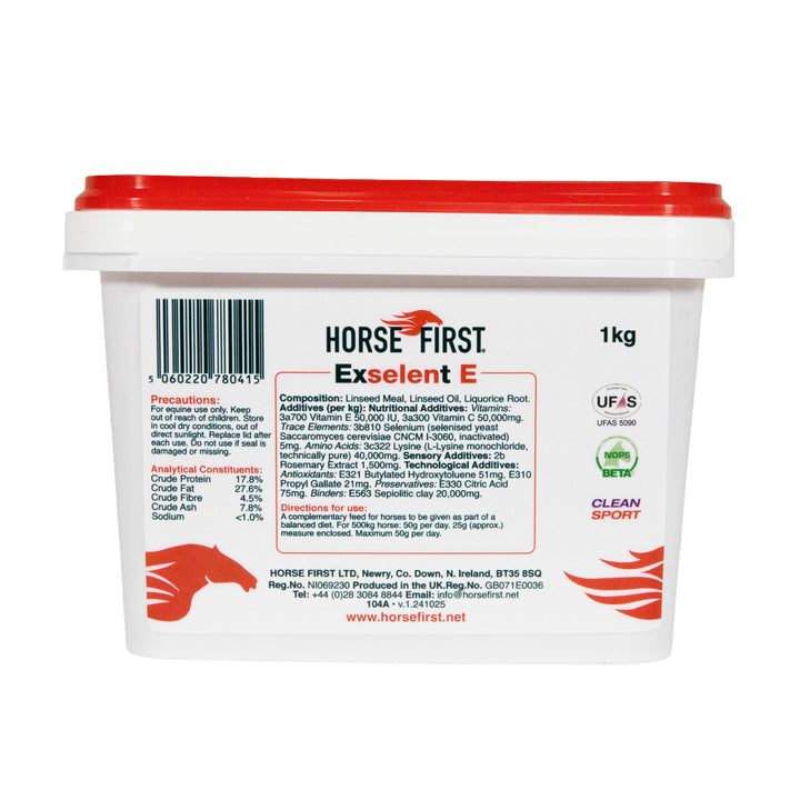 Horse First ExSelent E supplement container with red lid on a white background