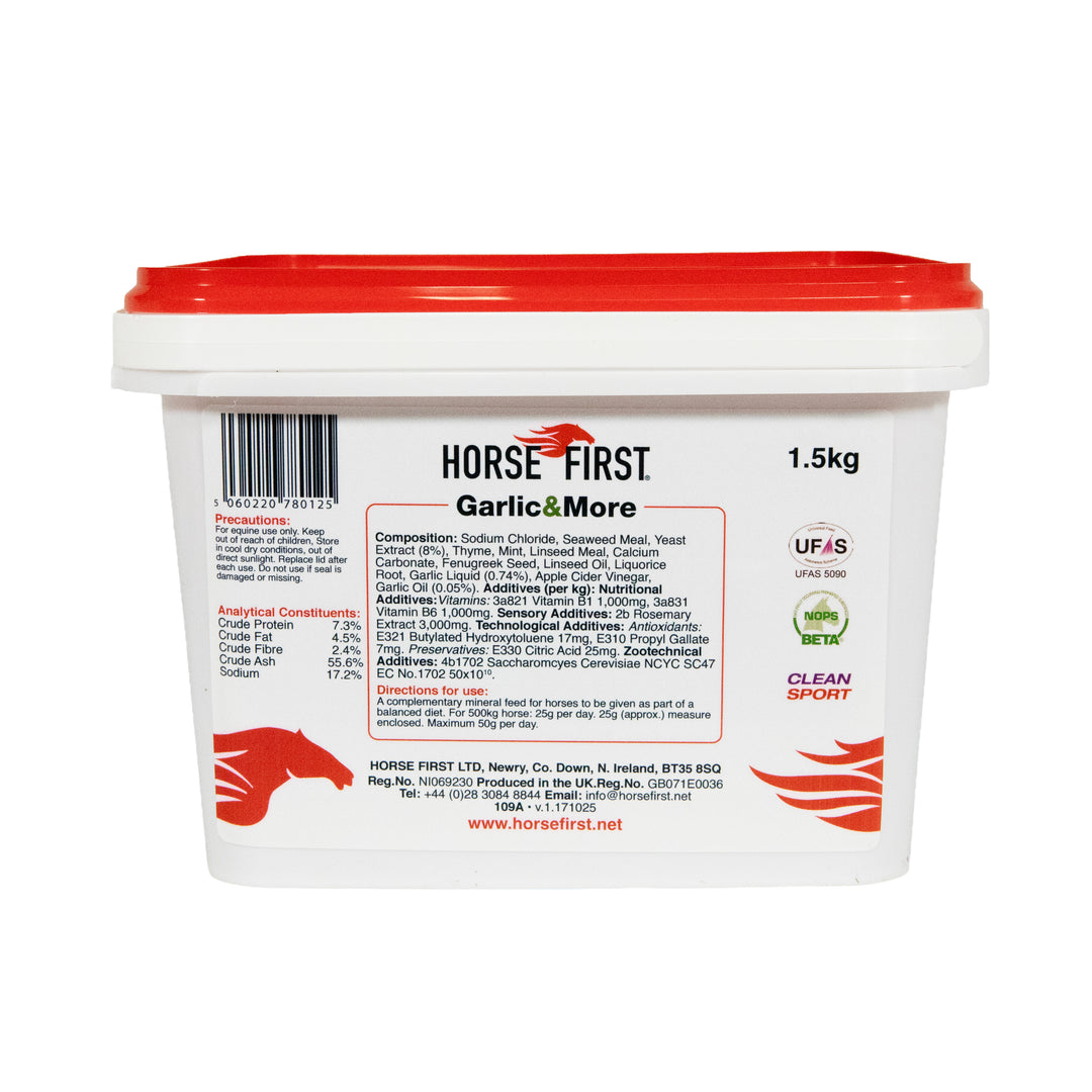 Horse First Garlic & More supplement container with red lid on a white background