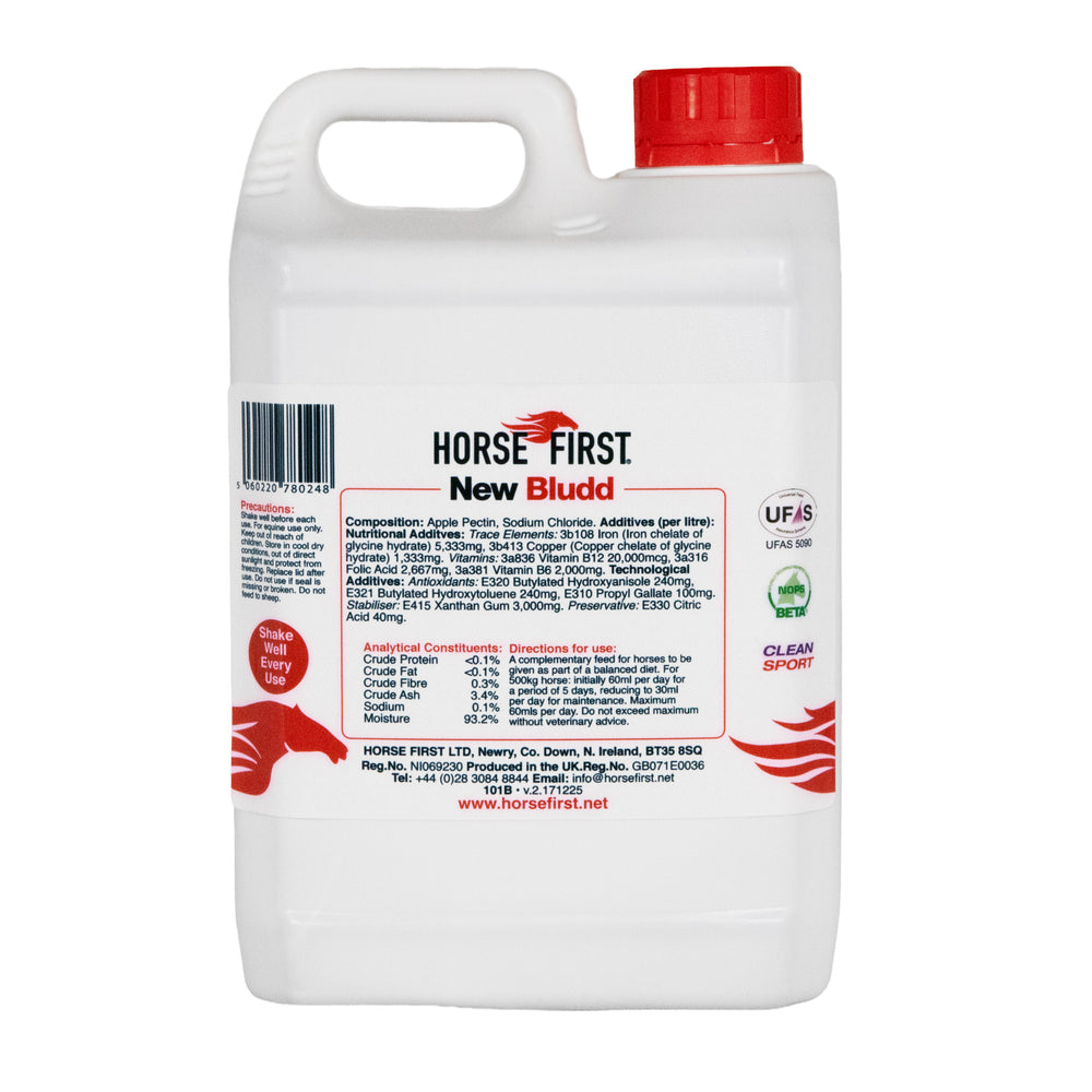 Horse First New Bludd supplement container with red cap on a white background